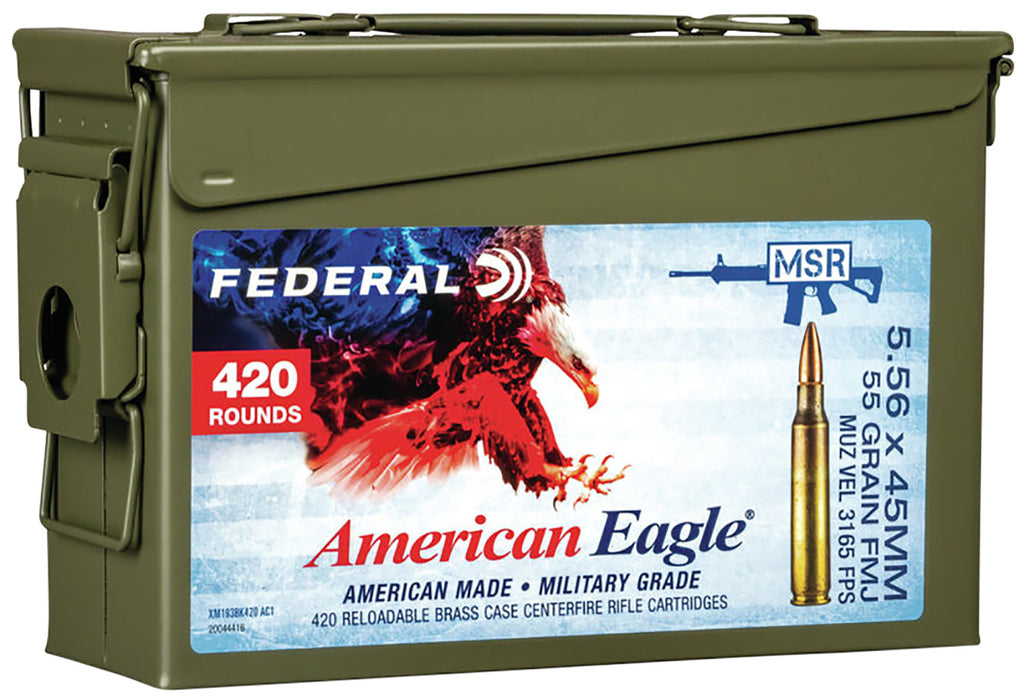 Federal XM193BK420AC1X American Eagle  5.56x45mm NATO 55 gr 3165 fps Full Metal Jacket Boat-Tail (FMJBT) 420 Bx/1 Cs (Sold by Can)