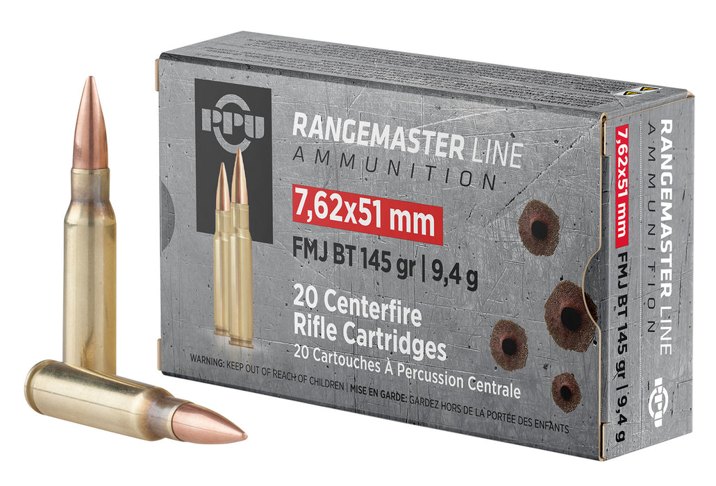 PPU PPRM762 Rangemaster  7.62x51mm NATO 145 gr 2835 fps Full Metal Jacket Boat-Tail (FMJBT) 20 Bx/25 Cs