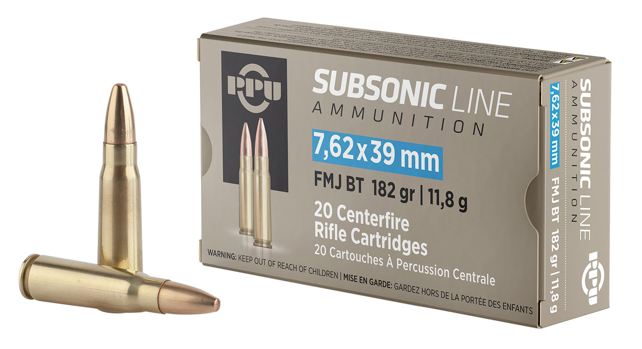 PPU PPS76239 Subsonic  7.62x39mm 182 gr 1033 fps Full Metal Jacket Boat-Tail (FMJBT) 20 Bx/25 Cs