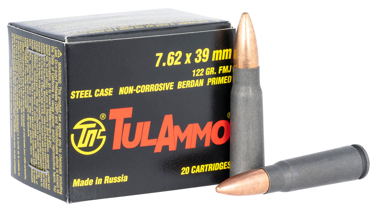 Tula Ammo by American Ammo TULA762OS Rifle  7.62x39mm 122 gr Full Metal Jacket (FMJ) Steel Case 20 Bx/50 Cs