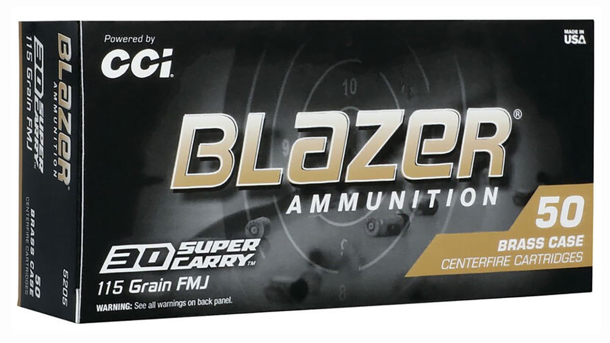 CCI 5205 Blazer Brass  30 Super Carry 115 gr 1150 fps Full Metal Jacket Flat Nose (FMJFN) 50 Bx/20 Cs