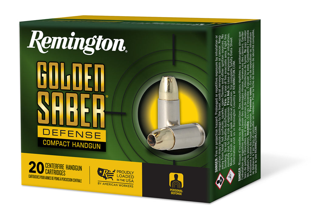 Remington Ammunition 27613 Golden Saber Defense Compact 9mm Luger 124 gr 1020 fps Brass Jacket Hollow Point (BJHP) 20 Bx/25 Cs