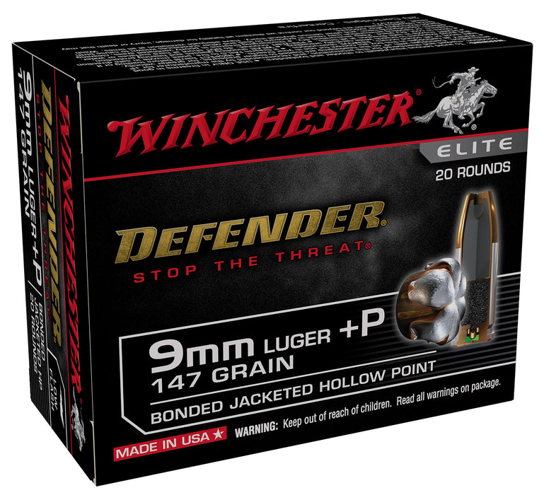 Winchester Ammo S9MMPDB2 Defender  9mm Luger +P 147 gr Bonded Jacket Hollow Point 20 Bx/10 Cs