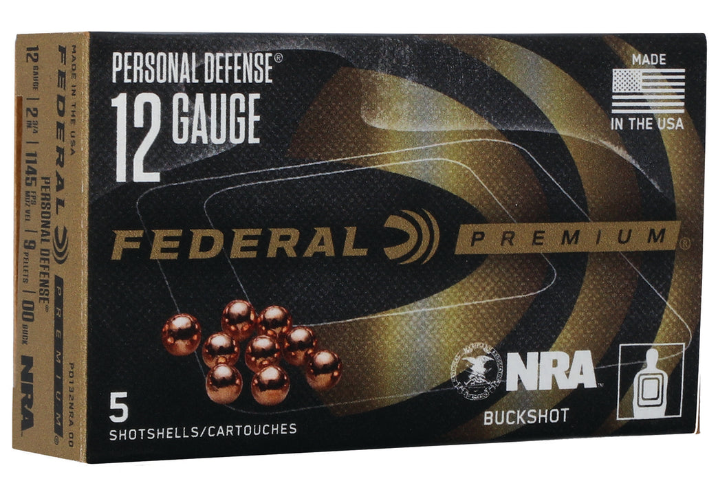 Federal PD132NRA00 Premium Personal Defense NRA 12 Gauge 2.75" 9 Pellets 1145 fps 00 Buck Shot 5 Bx/50 Cs