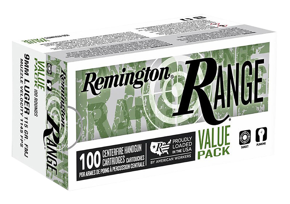 Remington Ammunition R23979 Remington Range 9mm Luger 115 gr Full Metal Jacket (FMJ) 100 Per Box/ 5 Cs