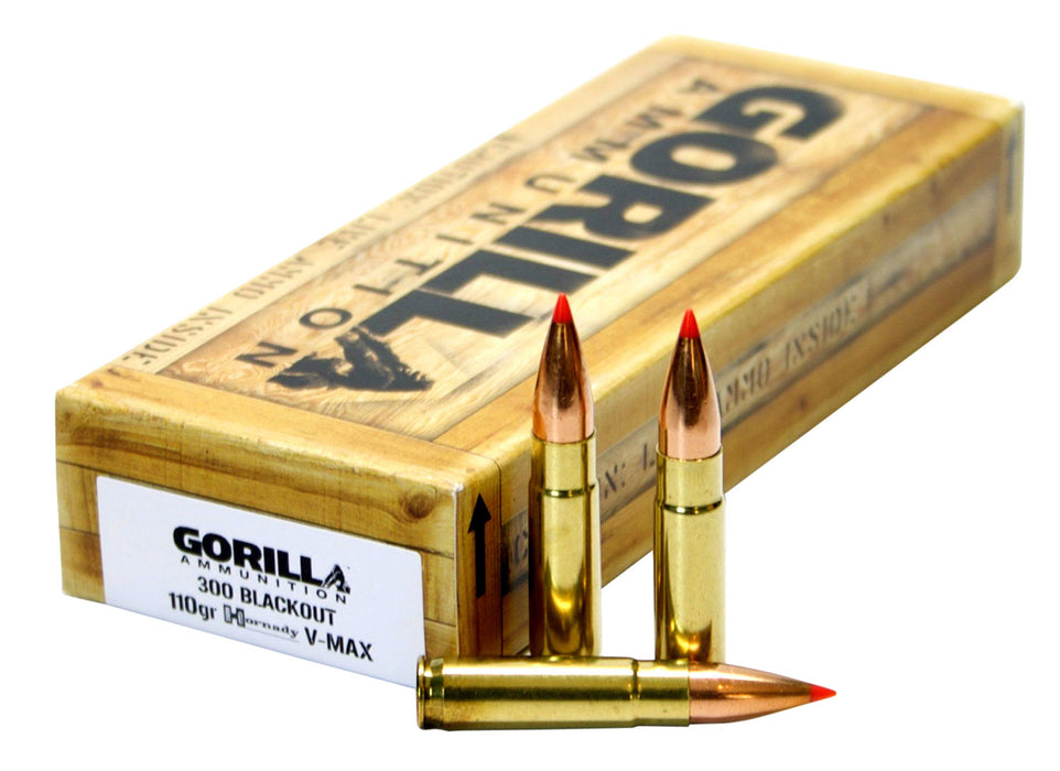 Gorilla Ammo GA300110VMAX Gorilla Match  300 Blackout 110 gr Hornady V-Max (VMX) 20 Per Box/10 Cs