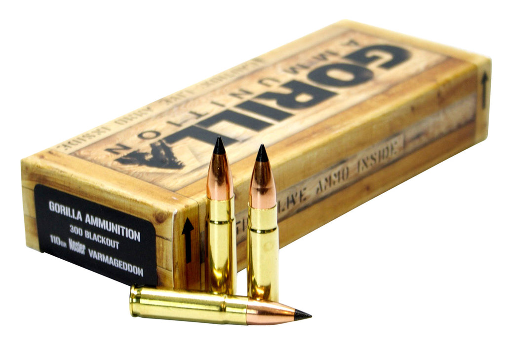 Gorilla Ammo GA300110NV Gorilla Troop  300 Blackout 110 gr Nosler Varmageddon 20 Per Box/10 Cs