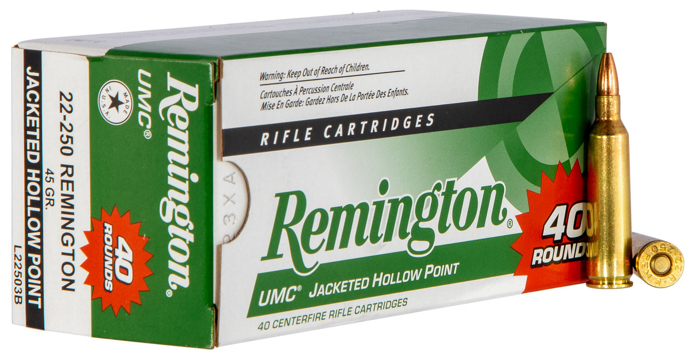 Remington Ammunition 23769 UMC  22-250 Rem 45 gr 4000 fps Jacketed Hollow Point (JHP) 40 Bx/10 Cs (Value Pack)