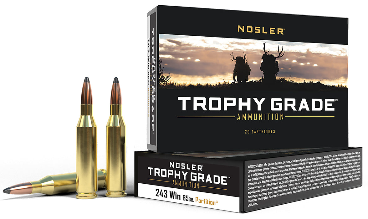 Nosler 60002 Trophy Grade  243 Win 85 gr 3225 fps Nosler Spitzer Partition (SPT) 20 Bx/10 Cs