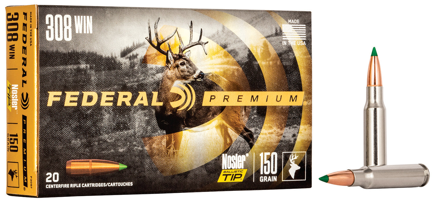 Federal P308F Premium  308 Win 150 gr 2820 fps Nosler Ballistic Tip (NBT) 20 Bx/10 Cs