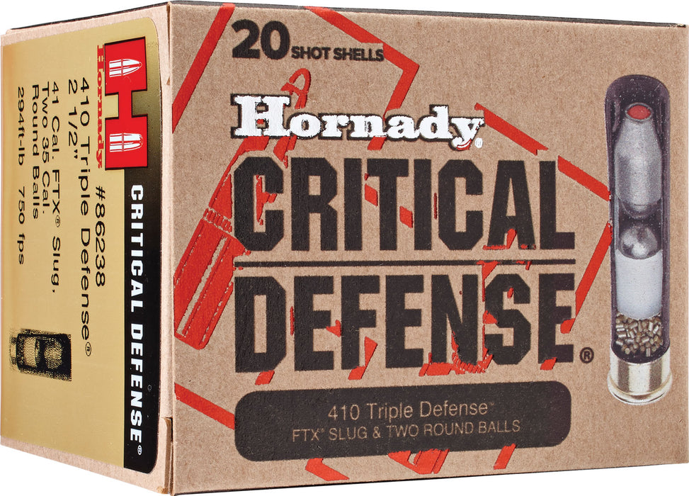 Hornady 86238 Critical Defense Triple Defense 410 Gauge 2.50" 750 fps 2 Round Balls/1 FTX Slug 20 Bx/10 Cs