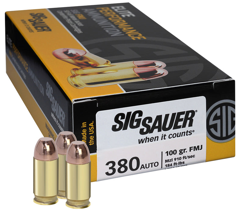 Sig Sauer E380B150 Elite Ball  380 ACP 100 gr 910 fps Full Metal Jacket (FMJ) 50 Bx/20 Cs